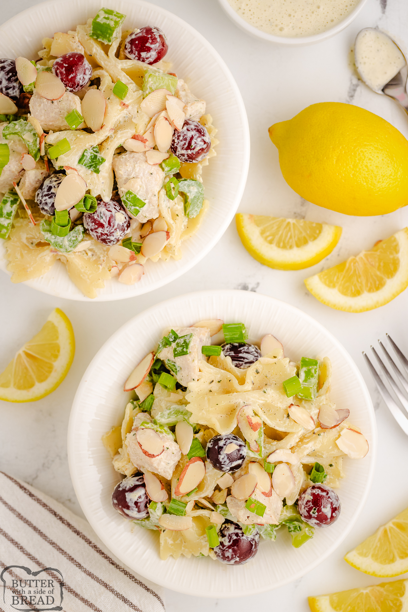 bowls of lemon pasta salad with fresh tarragon