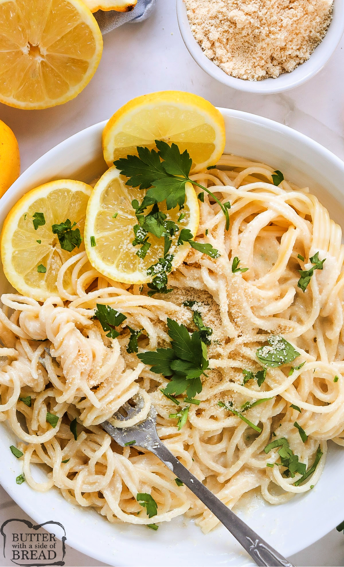 Spaghetti made with a creamy lemon sauce.