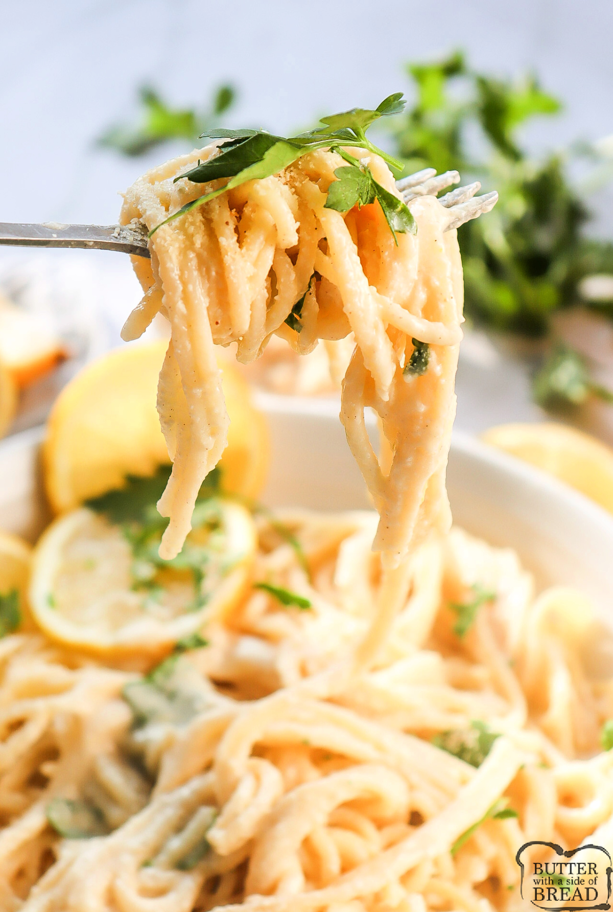 Forkful of lemon pasta.