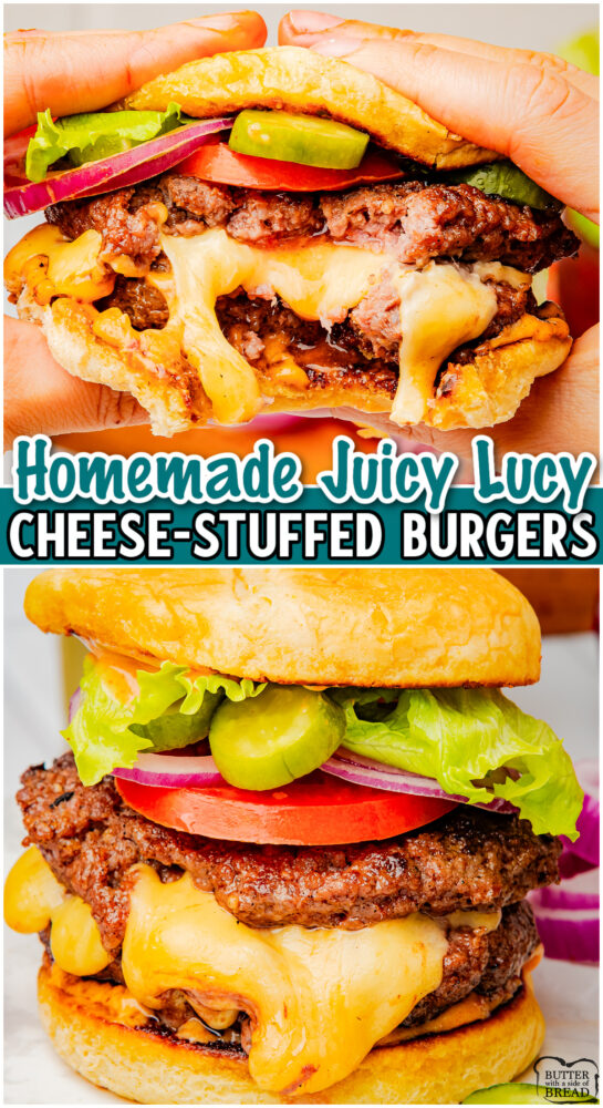 Cheese Stuffed Burgers made with ground beef & seasonings, then stuffed with gooey cheese & topped with a special sauce for a juicy, flavorful gourmet burger you make at home!