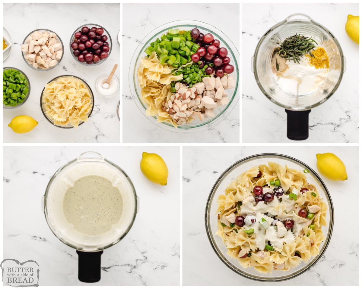 shows steps for making lemon pasta salad with fresh tarragon