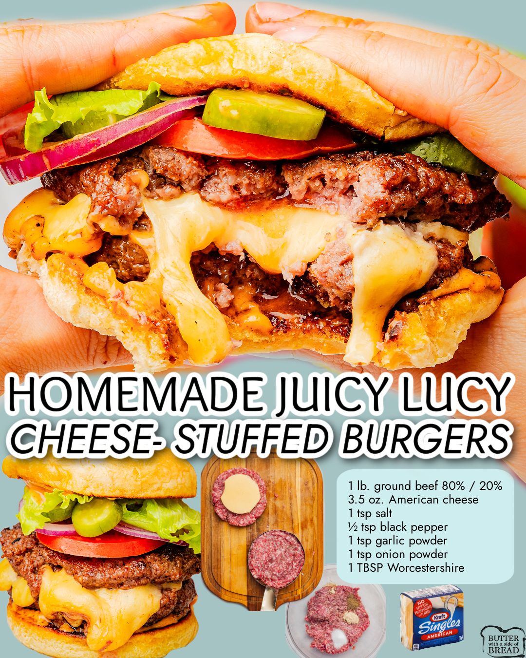 Cheese Stuffed Burgers made with ground beef & seasonings, then stuffed with gooey cheese & topped with a special sauce for a juicy, flavorful gourmet burger you make at home!
