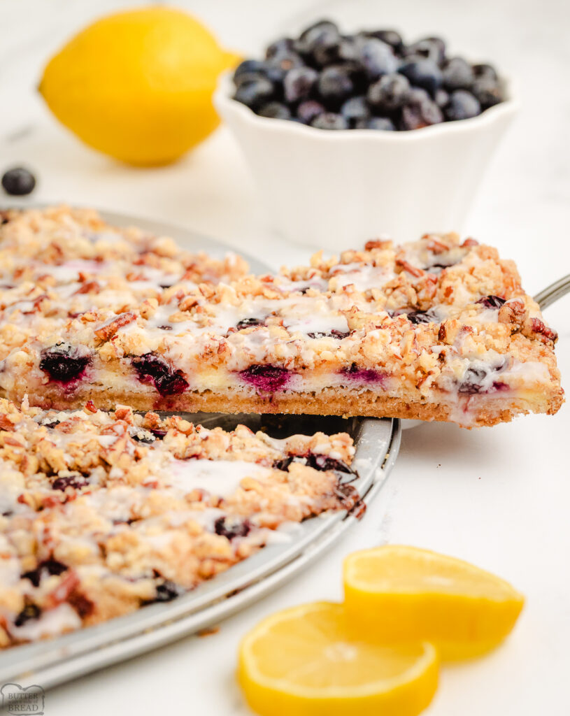 slice of lemon dessert pizza with blueberries