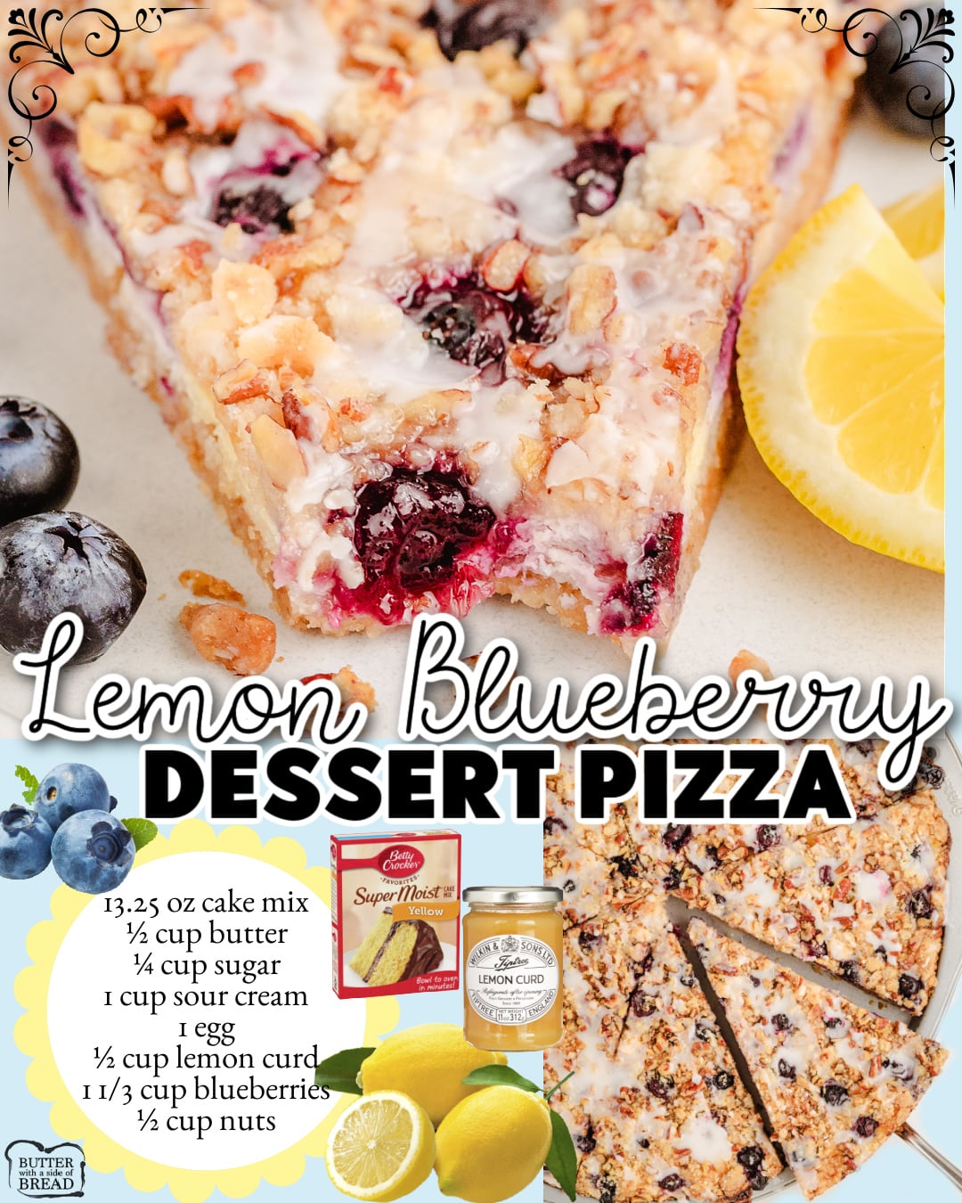 Lovely Lemon Blueberry Dessert Pizza starts with a cake mix and is topped with a creamy lemon curd, blueberry mixture, as well as a nutty crumble & vanilla glaze.
