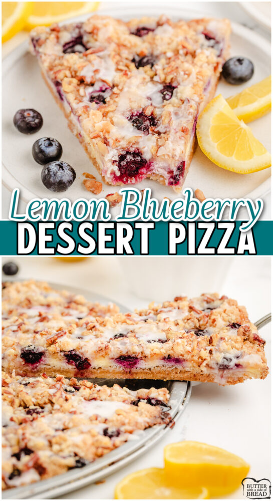 Lovely Lemon Blueberry Dessert Pizza starts with a cake mix and is topped with lemon curd, blueberries, a nutty crumble & vanilla glaze!