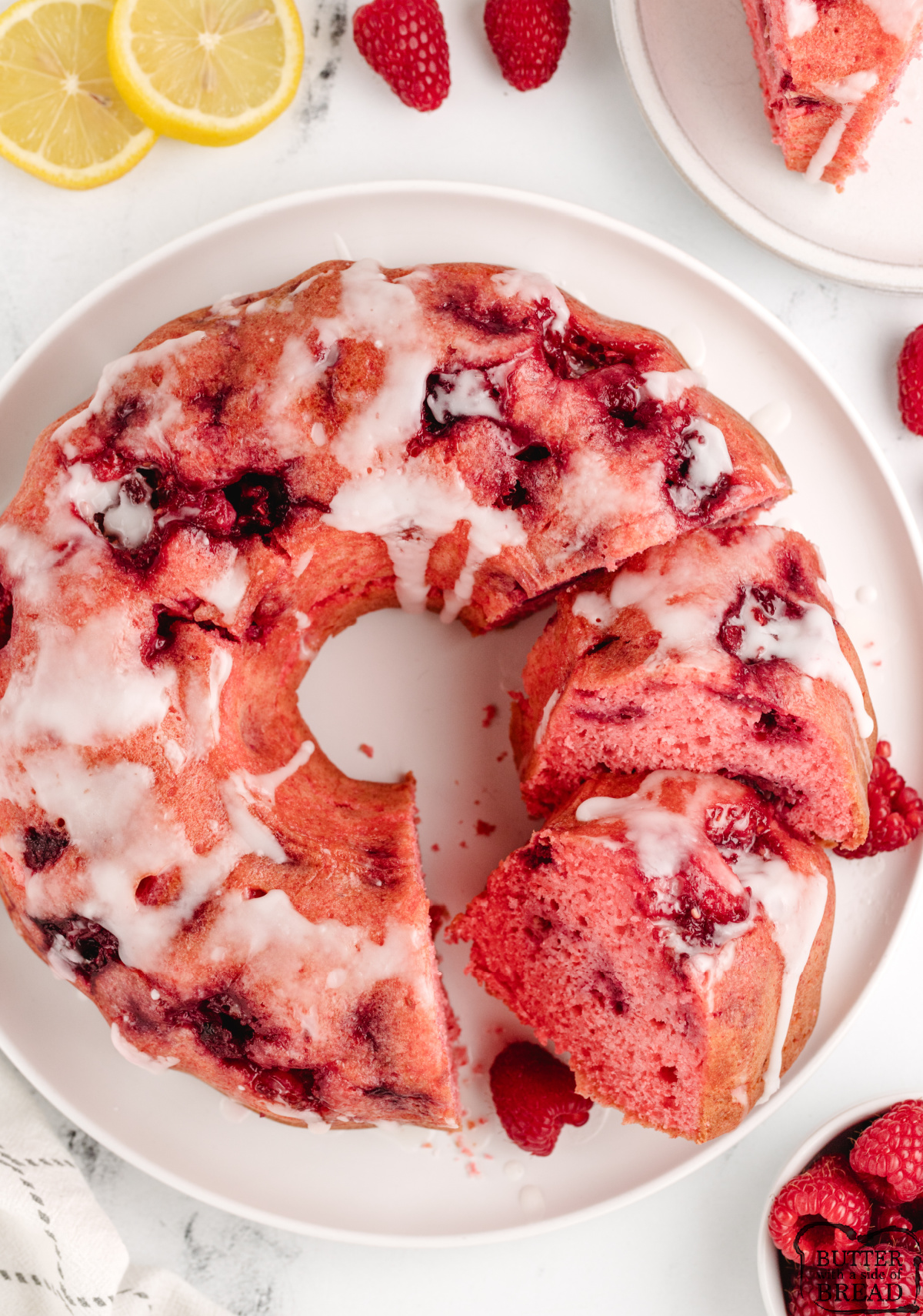 Bundt cake made with raspberries and raspberry Jello.