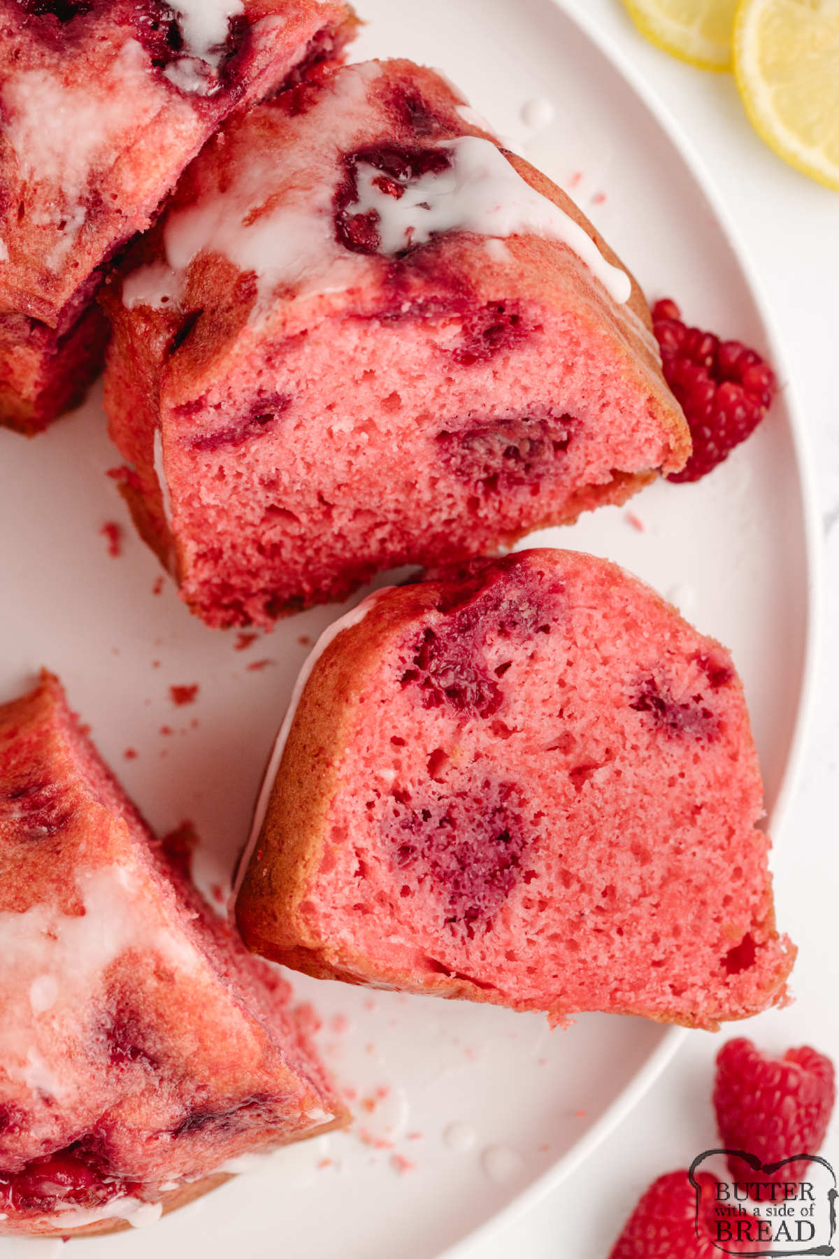 Cake made with raspberry Jello and frozen raspberries.