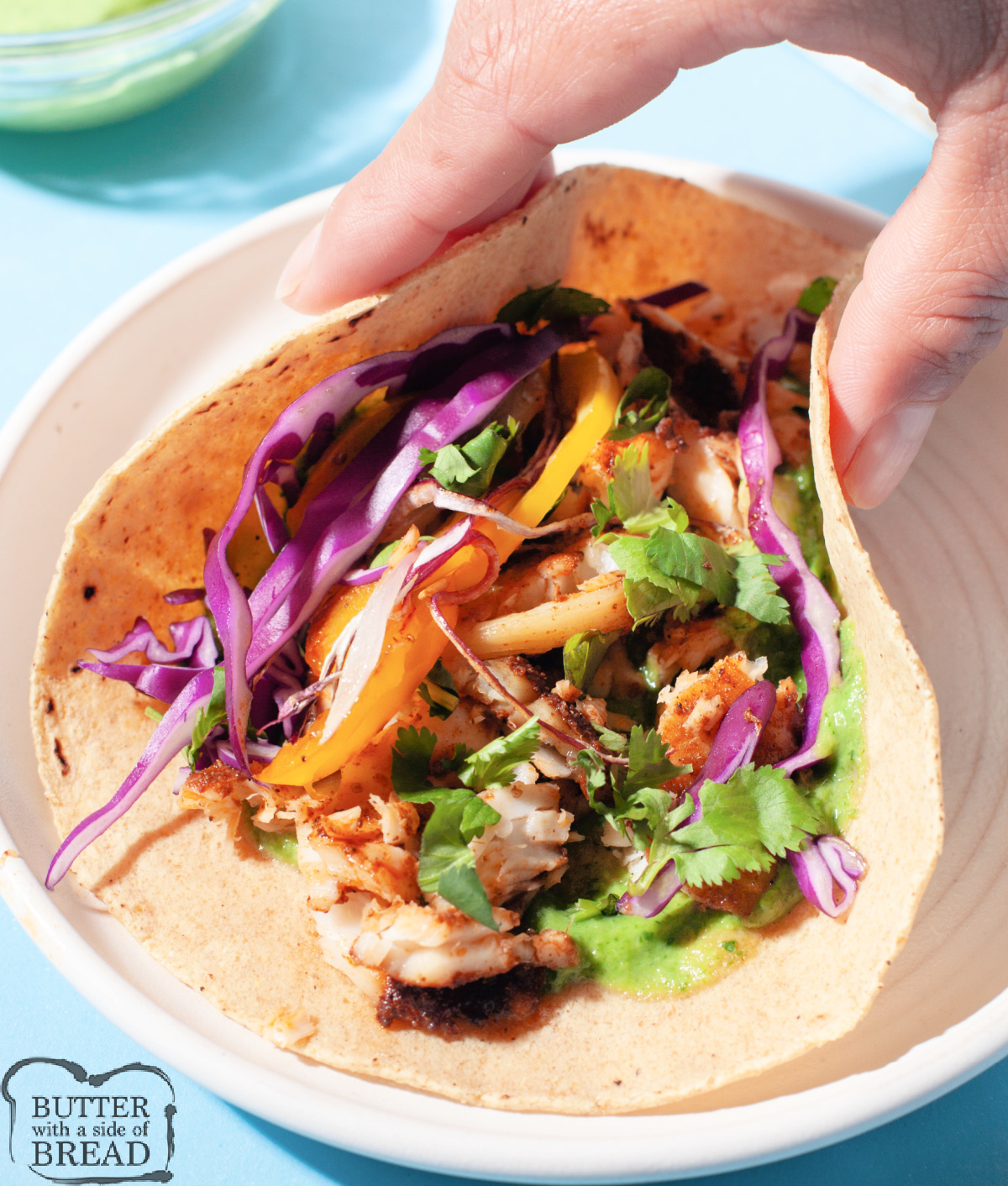 Fish Tacos with creamy avocado sauce.