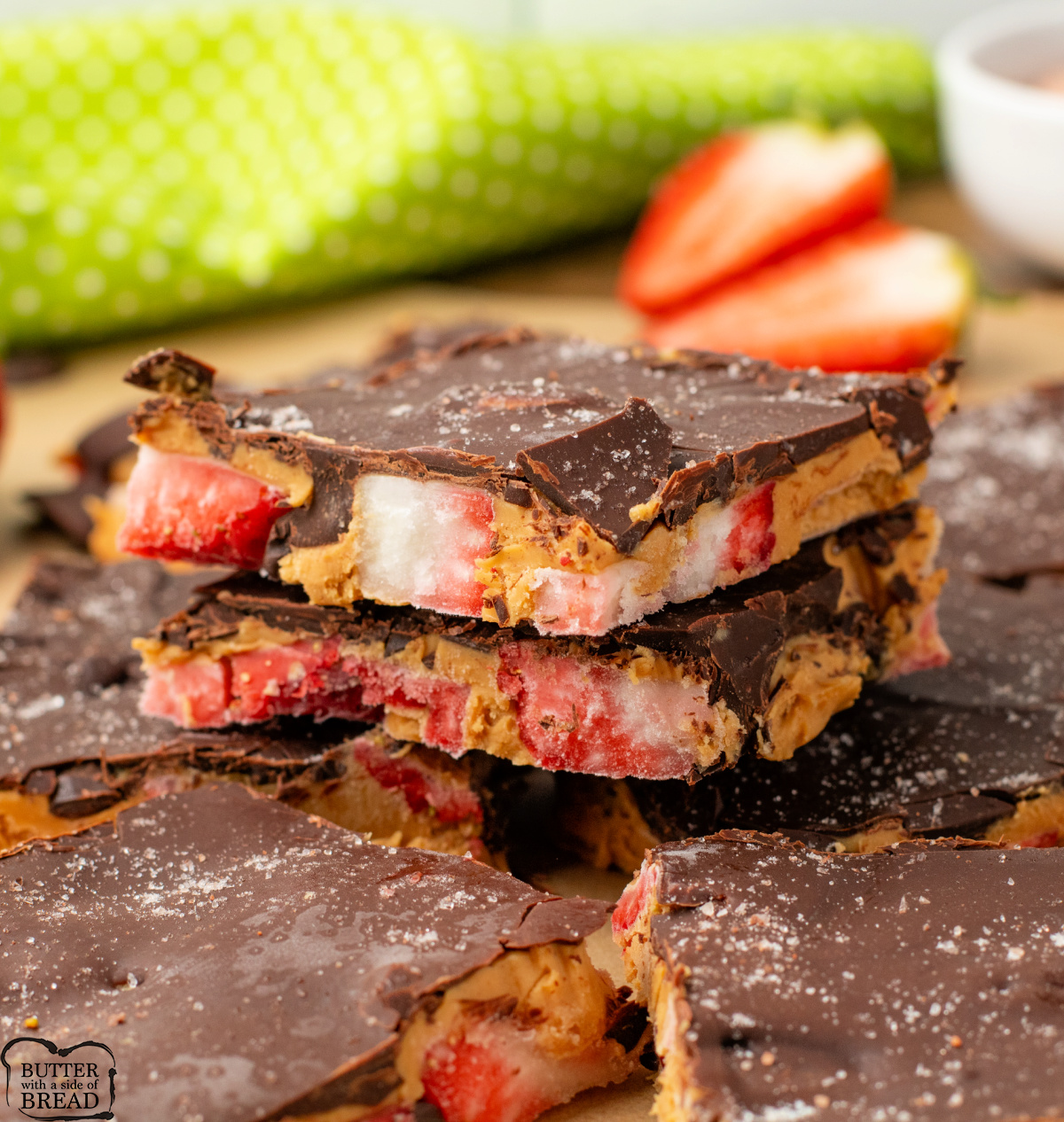 Strawberry Peanut Butter Bark is made with fresh strawberries, peanut butter, and dark chocolate. This viral dessert recipe couldn't be easier to make!