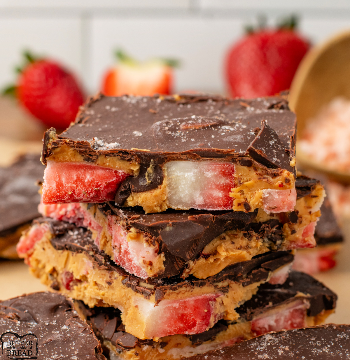Strawberry Peanut Butter Bark is made with fresh strawberries, peanut butter, and dark chocolate. This viral dessert recipe couldn't be easier to make!