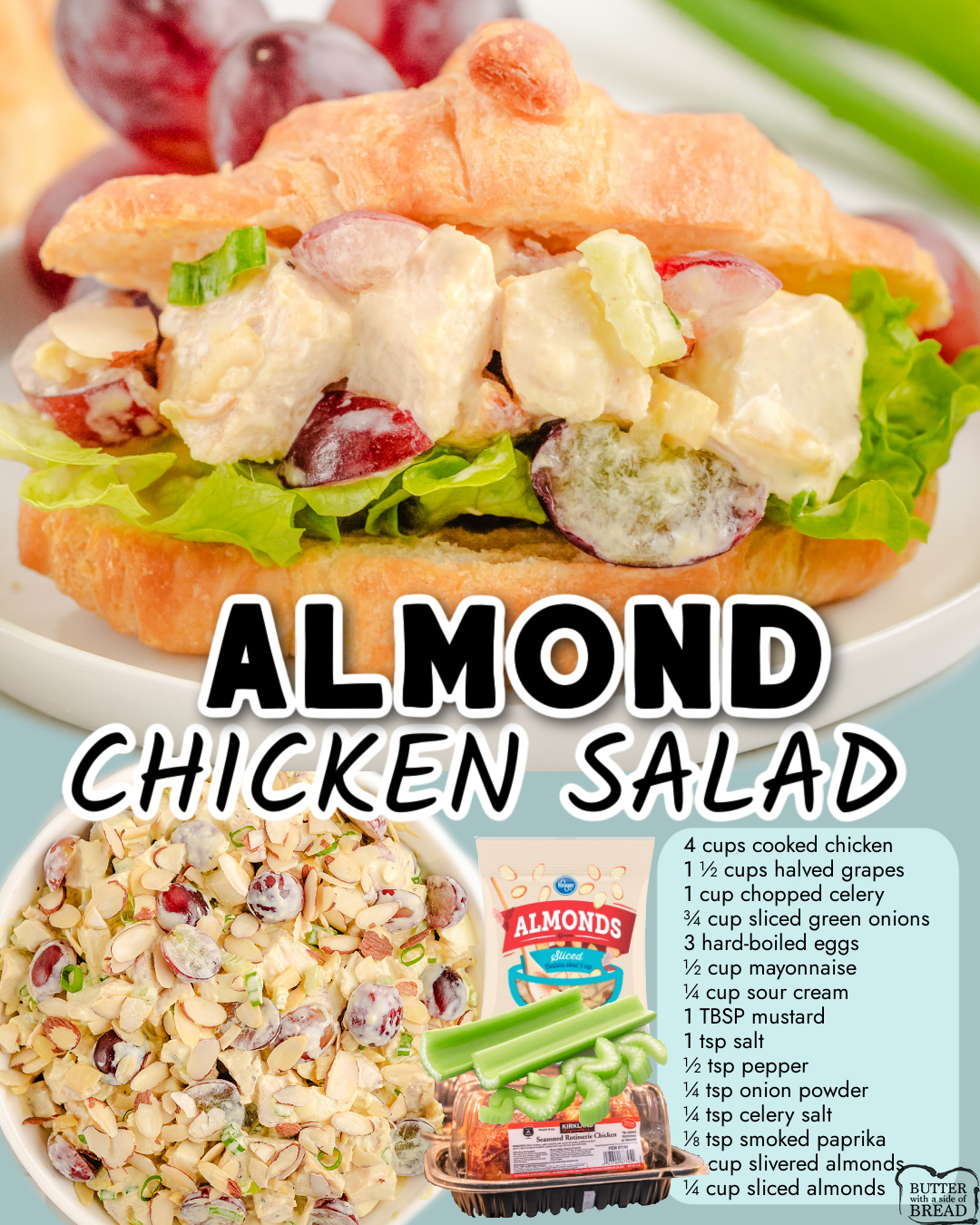 Almond Chicken Salad made with diced chicken, celery, grapes, hard boiled eggs & green onions then mixed with a tangy dressing and plenty of almonds for crunch!