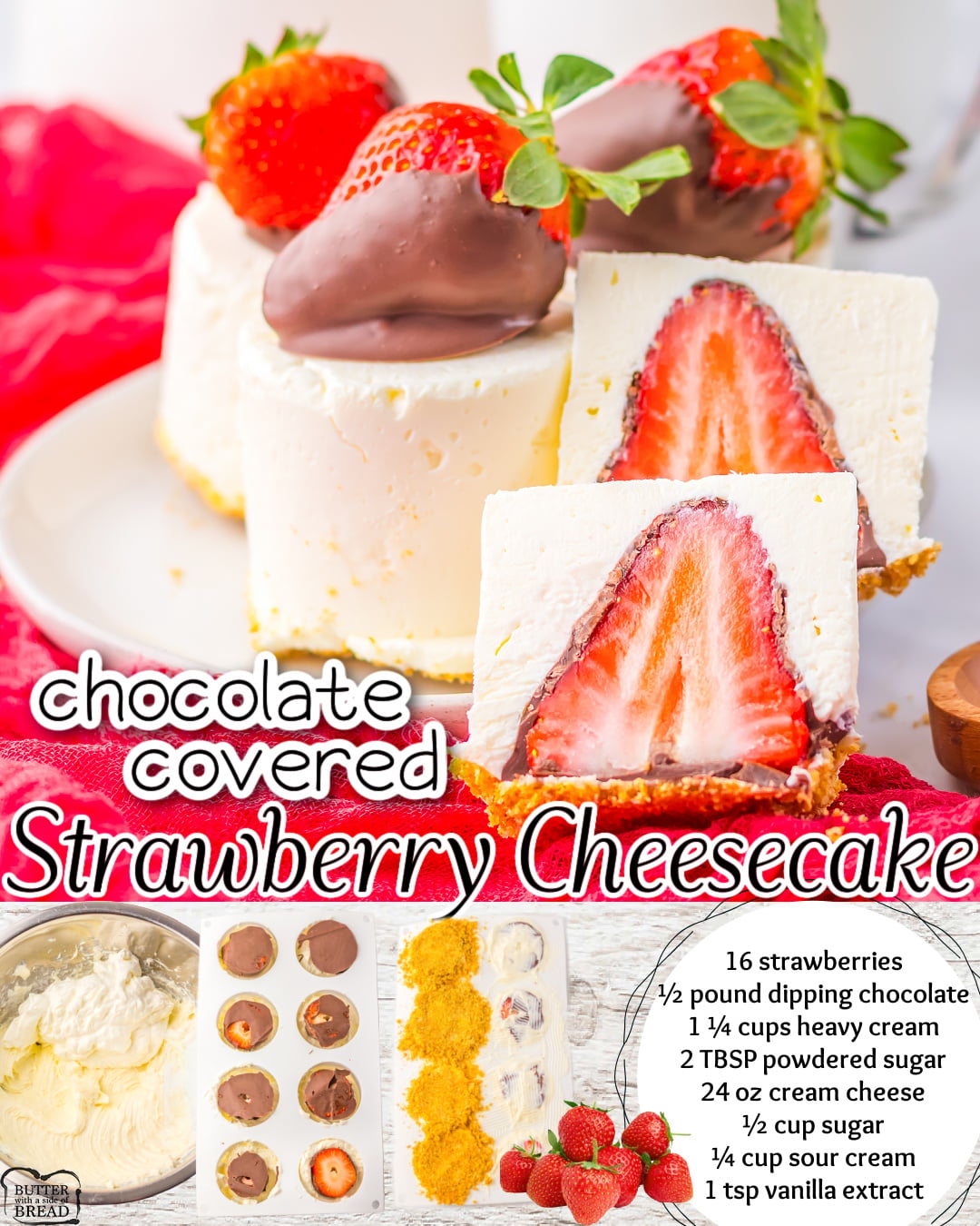 No Bake Chocolate Covered Strawberry Cheesecakes made with cream cheese, heavy cream, sugar, sour cream and fresh strawberries dipped in chocolate!