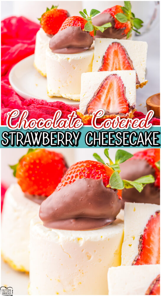 No Bake Chocolate Covered Strawberry Cheesecakes made with cream cheese, heavy cream, sugar, sour cream and fresh strawberries dipped in chocolate!