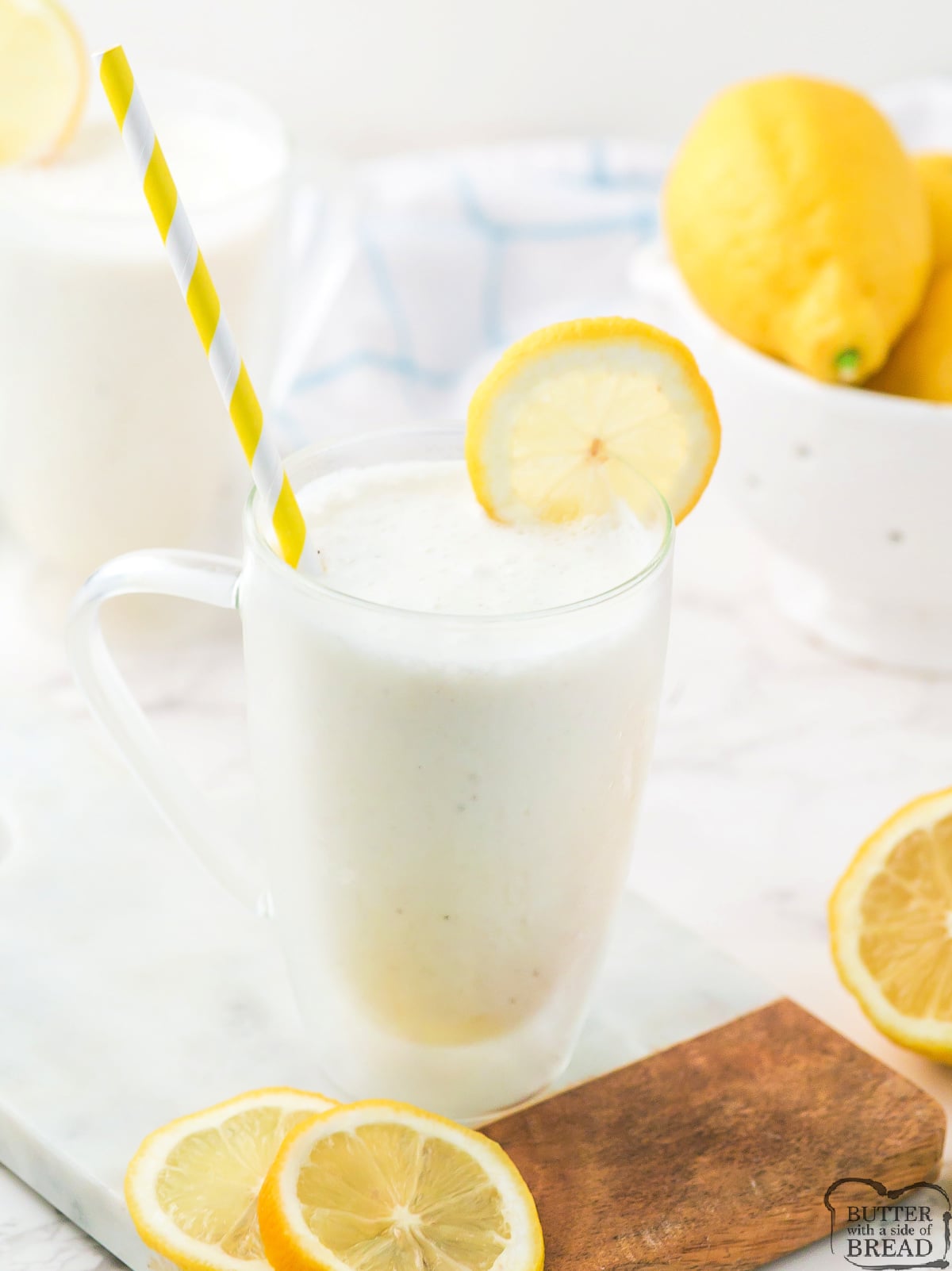Frosted lemonade recipe made with lemonade and vanilla ice cream.