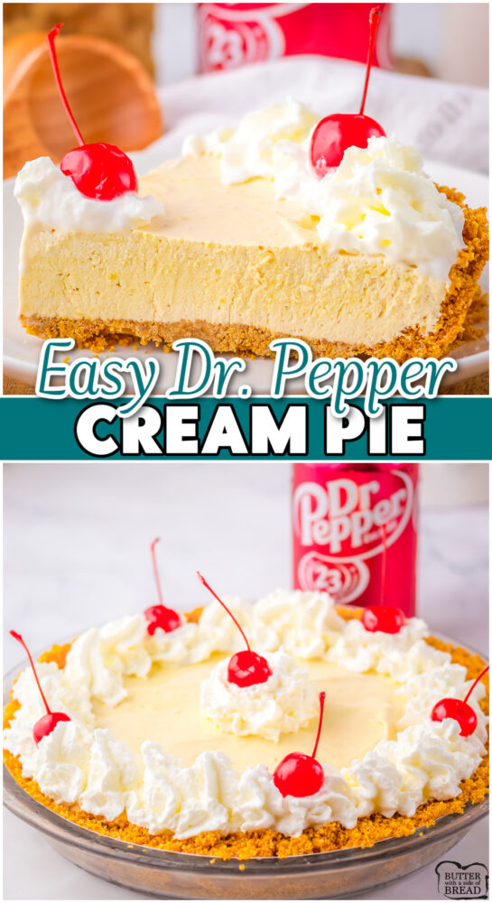 No-Bake Dr. Pepper Cream Pie made with vanilla pudding, whipped topping, a graham cracker pie crust & an ice cold Dr. Pepper soda!