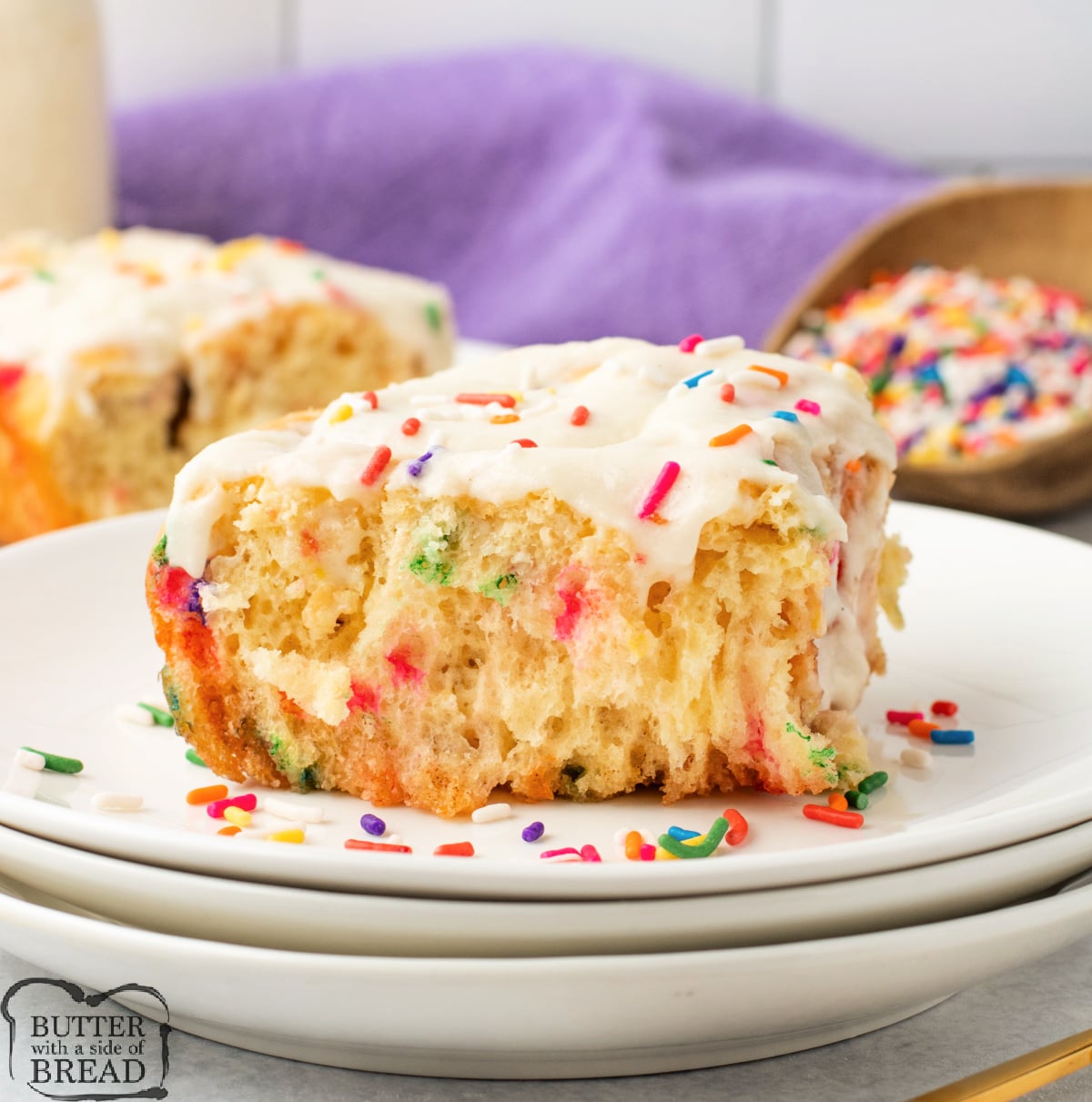 Soft and fluffy Funfetti Cinnamon Rolls filled with buttery cinnamon sugar and topped with vanilla frosting—perfect for birthdays or brunch!