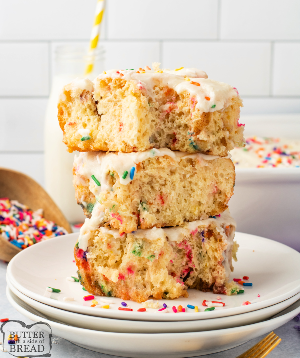 Soft and fluffy Funfetti Cinnamon Rolls filled with buttery cinnamon sugar and topped with vanilla frosting—perfect for birthdays or brunch!