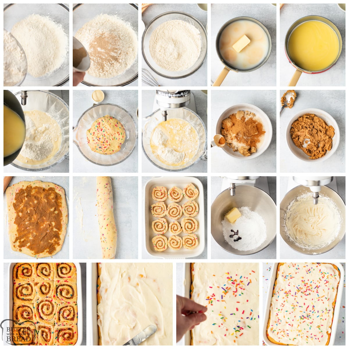 Step by step instructions on how to make Funfetti Cinnamon Rolls.
