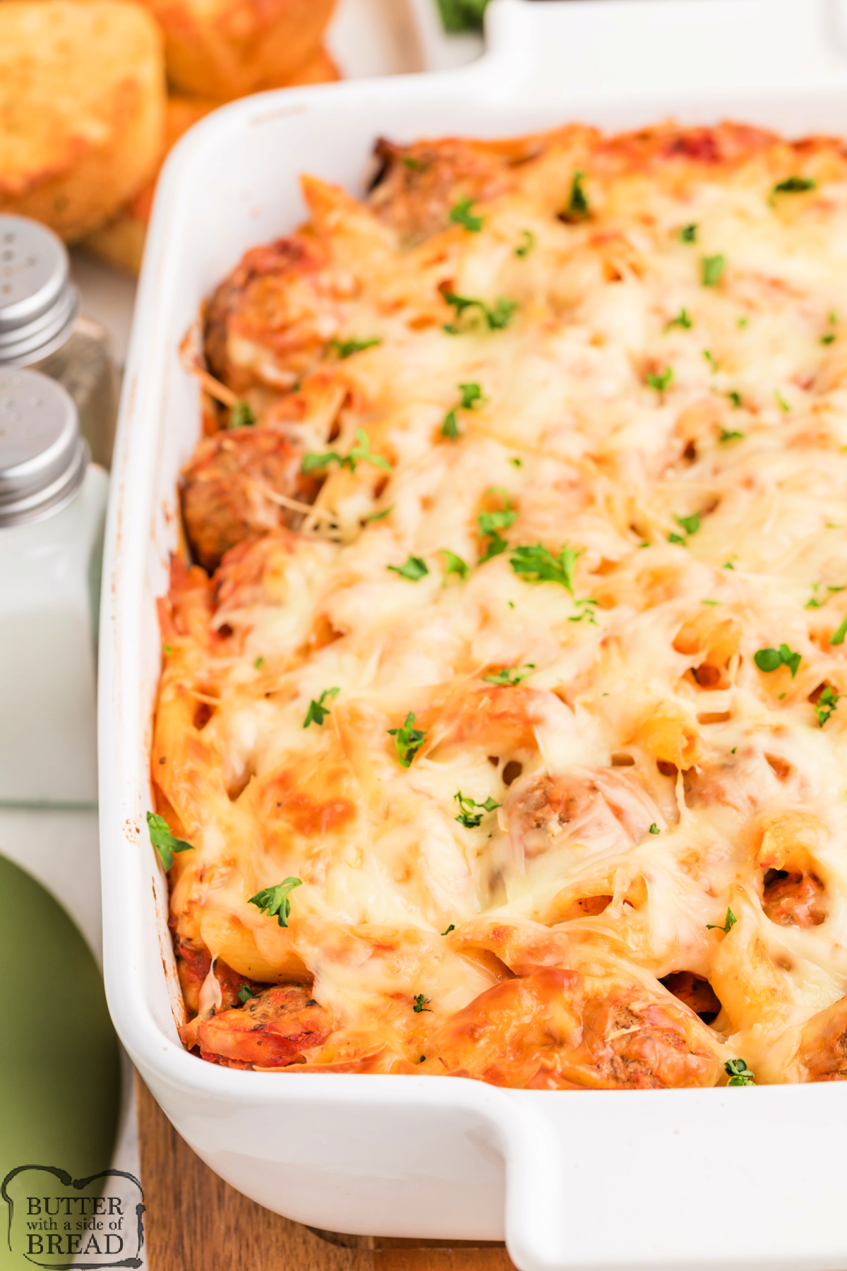 Cheesy Meatball Pasta Bake.