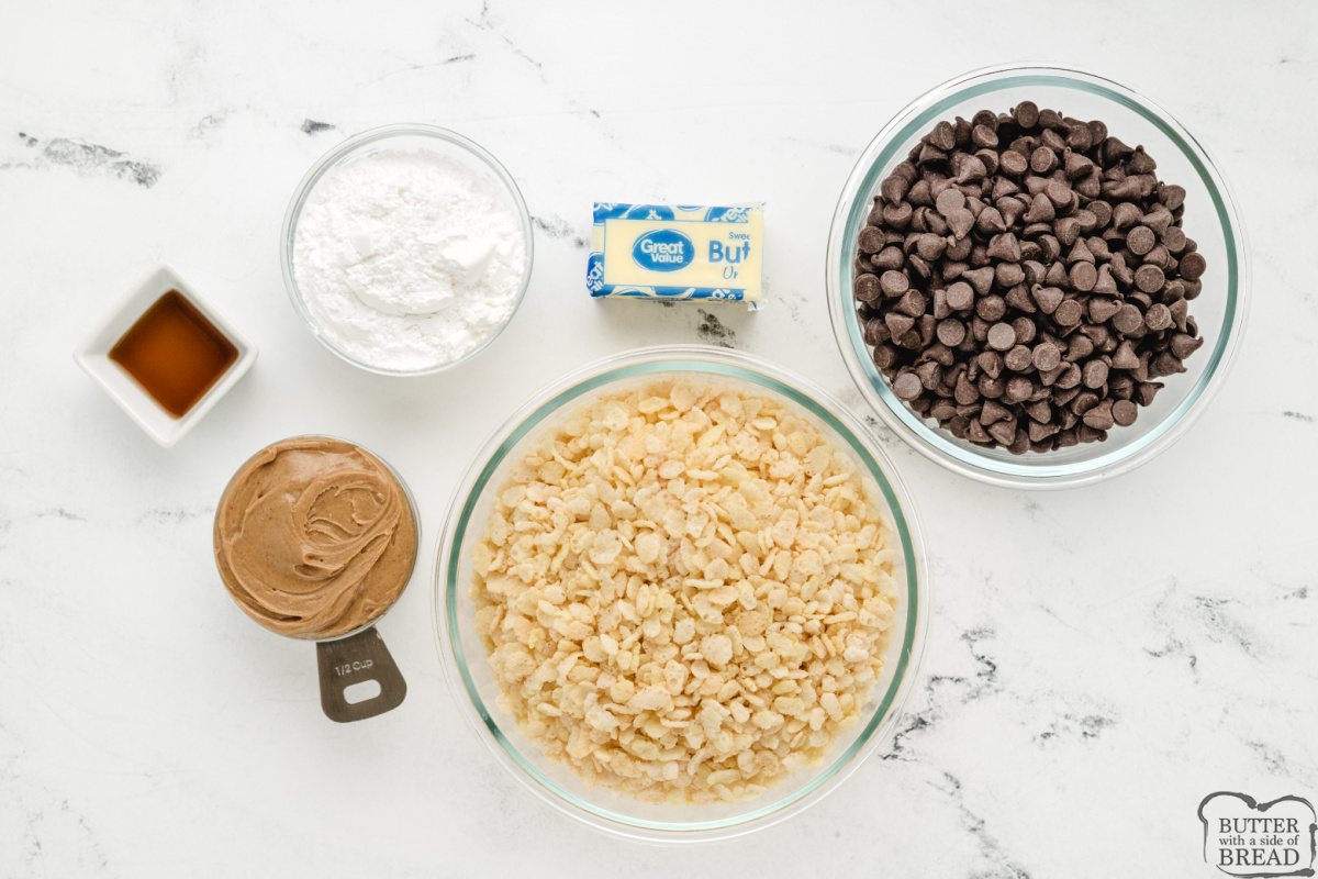 Ingredients in Muddy Buddy Rice Krispie Treats.