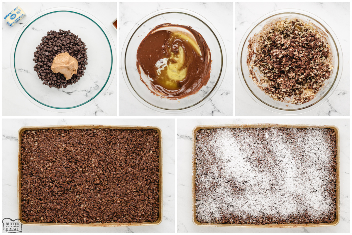 Step by step instructions on how to make Muddy Buddy Rice Krispie Treats.