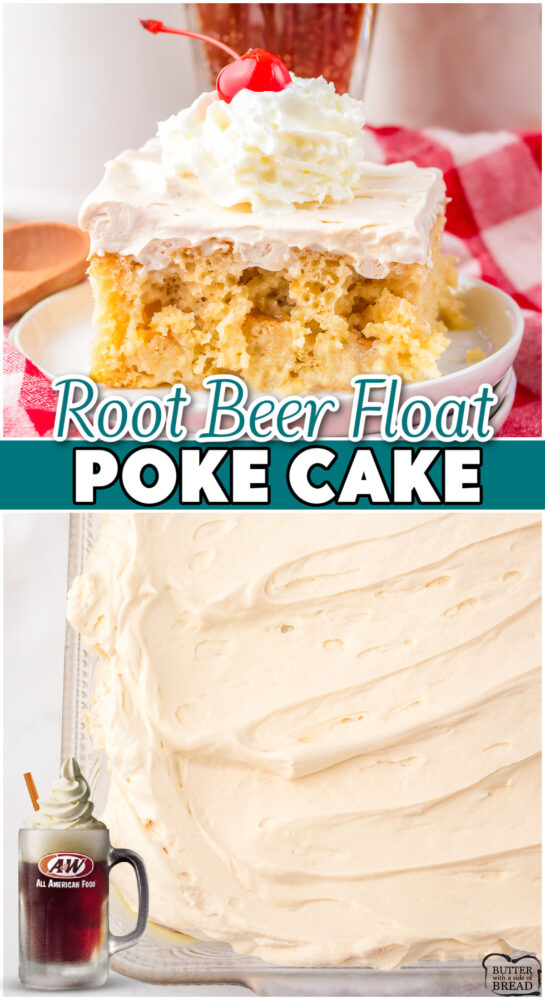 Root Beer Poke Cake made with a cake mix, eggs, oil, condensed milk & chilled Root Beer of course! Flavorful, nostalgic Root Beer Float cake perfect for cookouts!