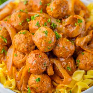 plateful of slow cooker onion meatballs