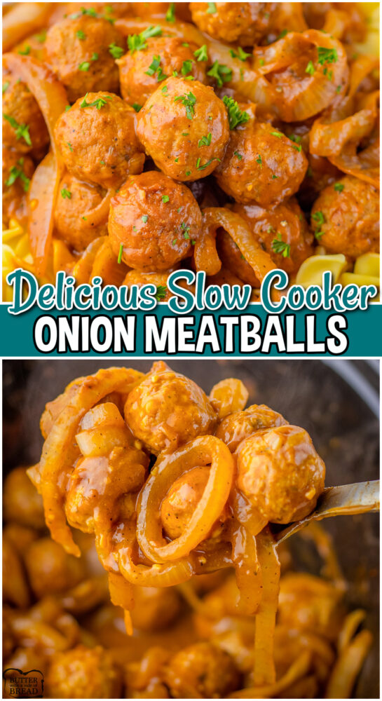 Slow Cooker Onion Meatballs made with a rich gravy flavored with onions, garlic, worcestershire & tomato sauce, served over egg noodles or mashed potatoes for a heart dinner!