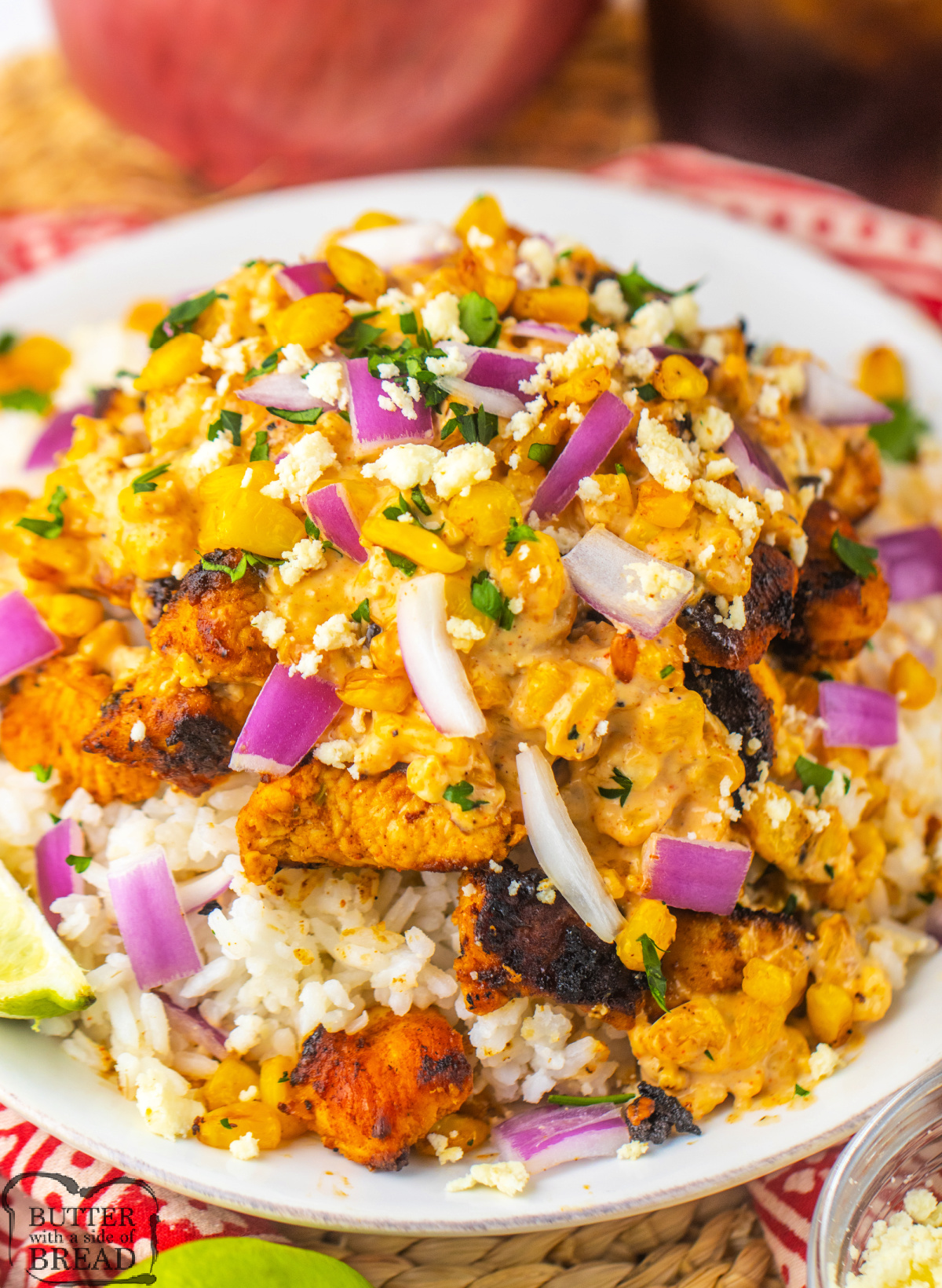 Street Corn Chicken and Rice Bowls are packed with bold spices, creamy street corn, and juicy chicken for a flavorful, satisfying meal.