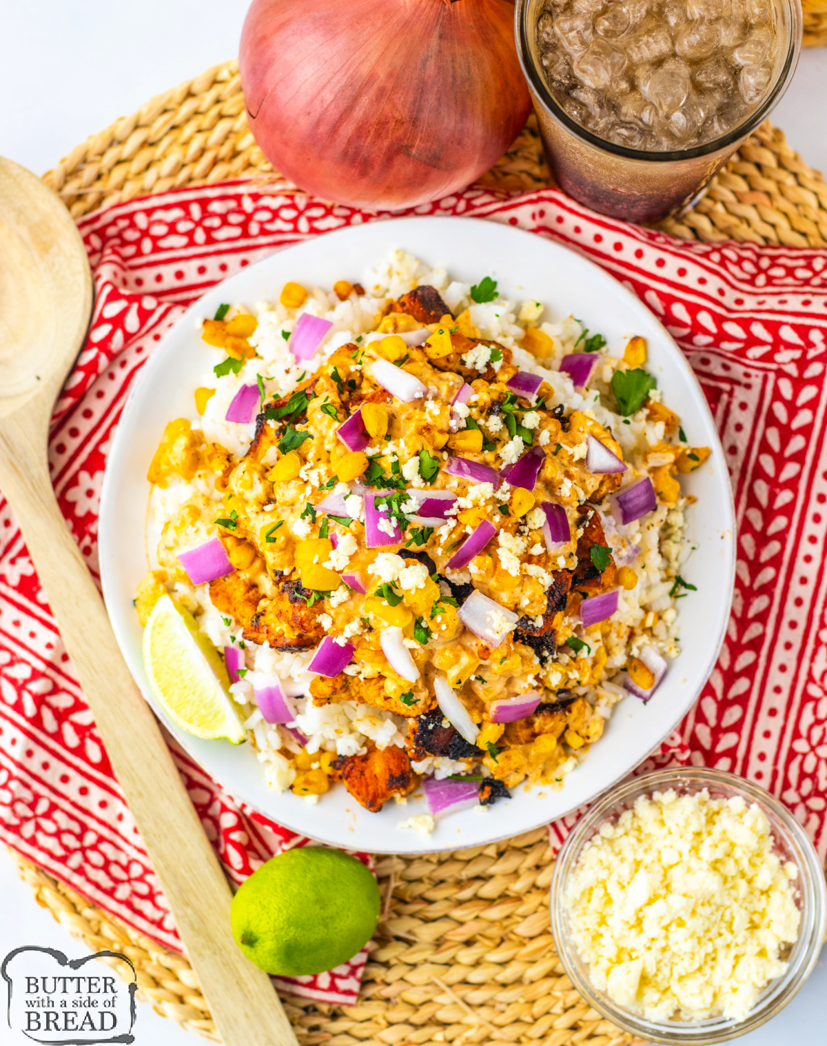Street corn, chicken, and rice bowls.