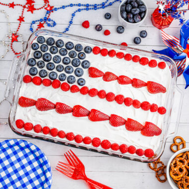 Berry Patriotic Jello Pretzel Salad with red, white and blue decorations