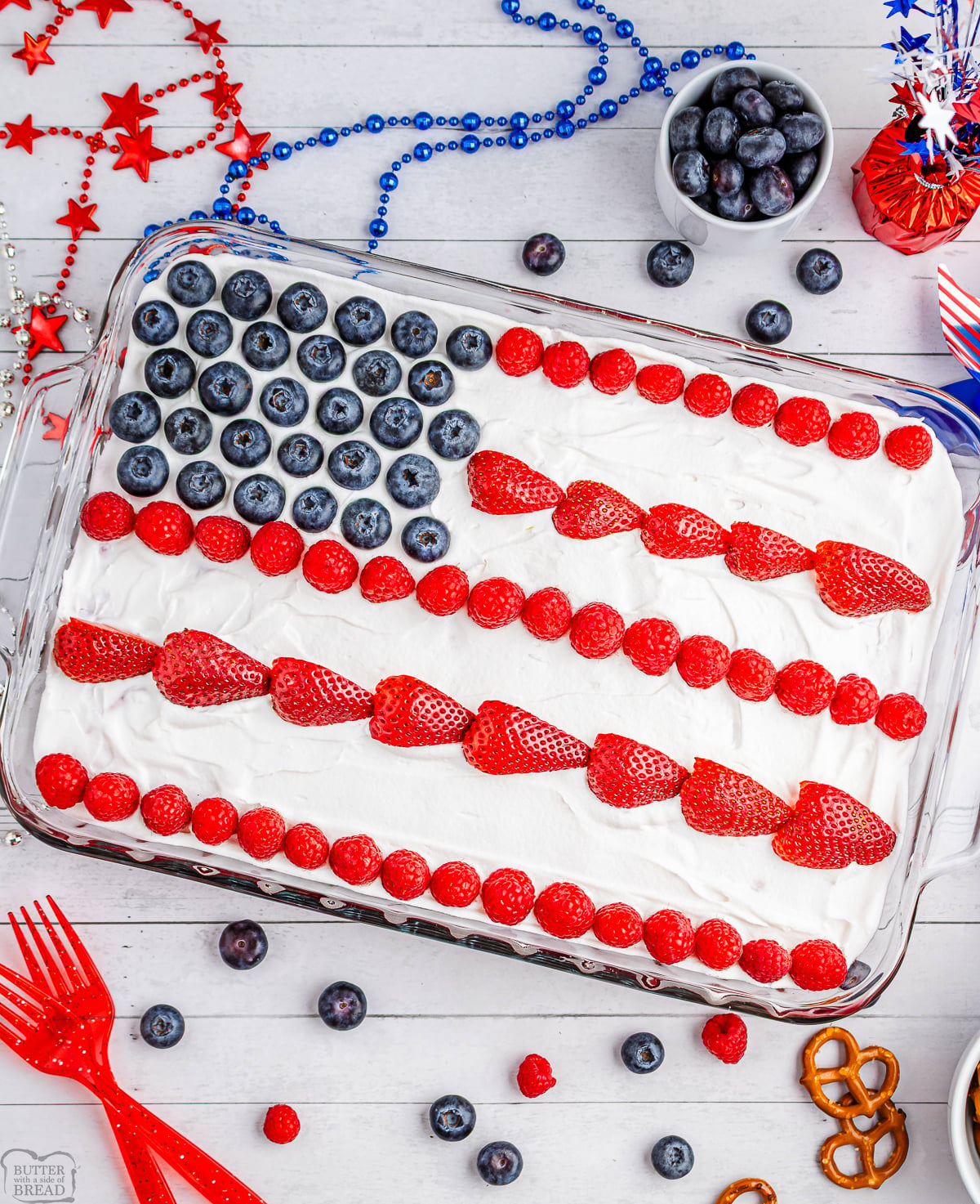 berry jello salad with a patriotic flag on top in berries