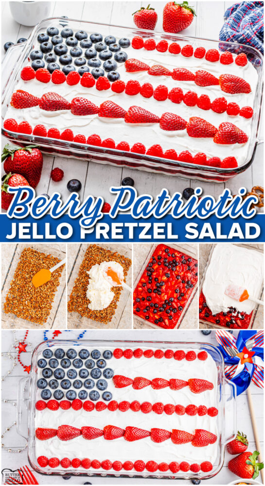 Berry Patriotic Jello Pretzel Salad made with layers of strawberry jello, fresh berries, whipped cream cheese & a sweet and salty pretzel crust. Lovely salad topped with a fresh berry flag on top, perfect for 4th of July!