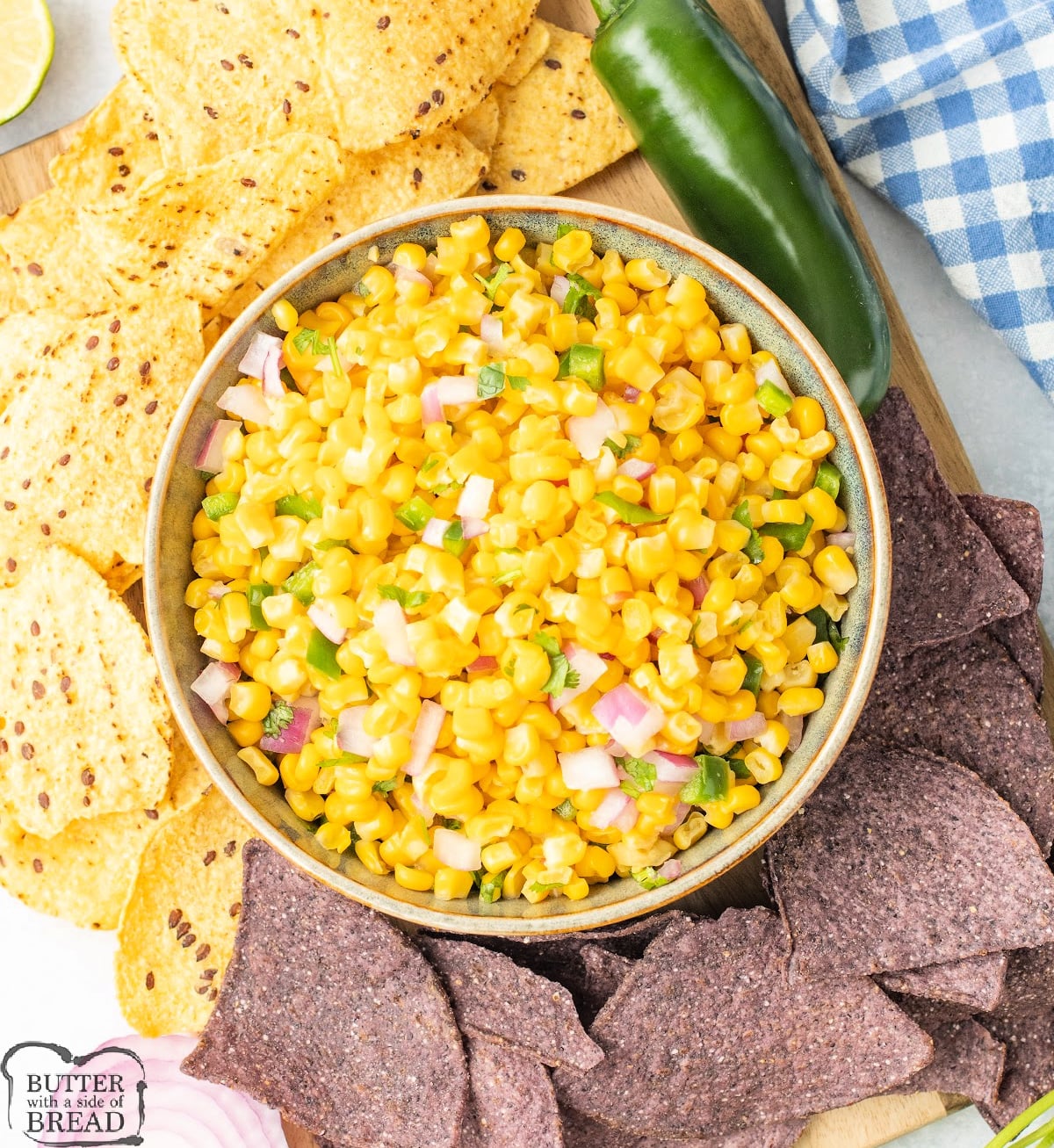 Chipotle Corn Salsa is a zesty mix of corn, jalapeño, red onion, lime, and cilantro—perfect for chips, tacos, or grilled meats!