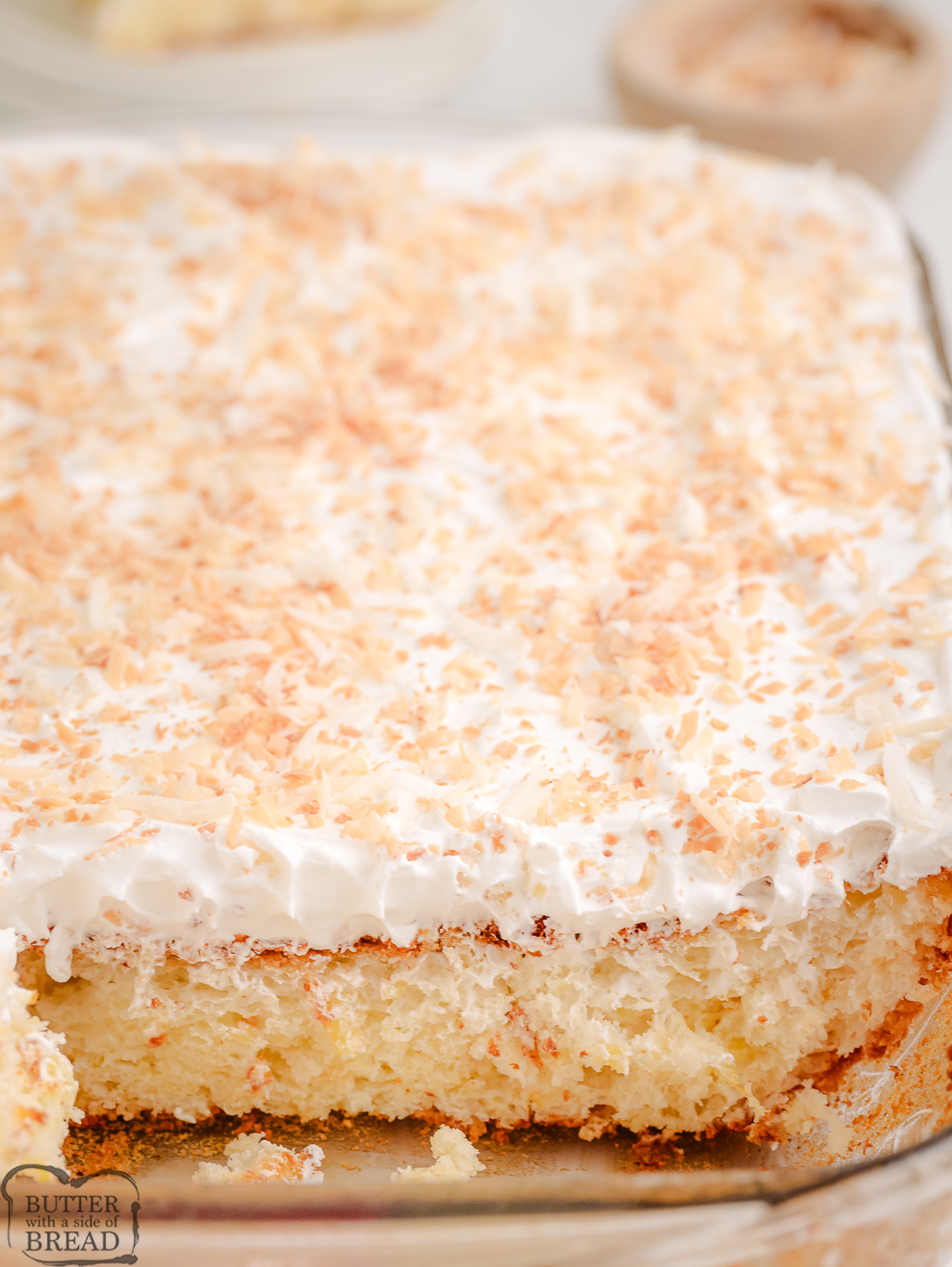 pina colada cake baked in a sheet pan