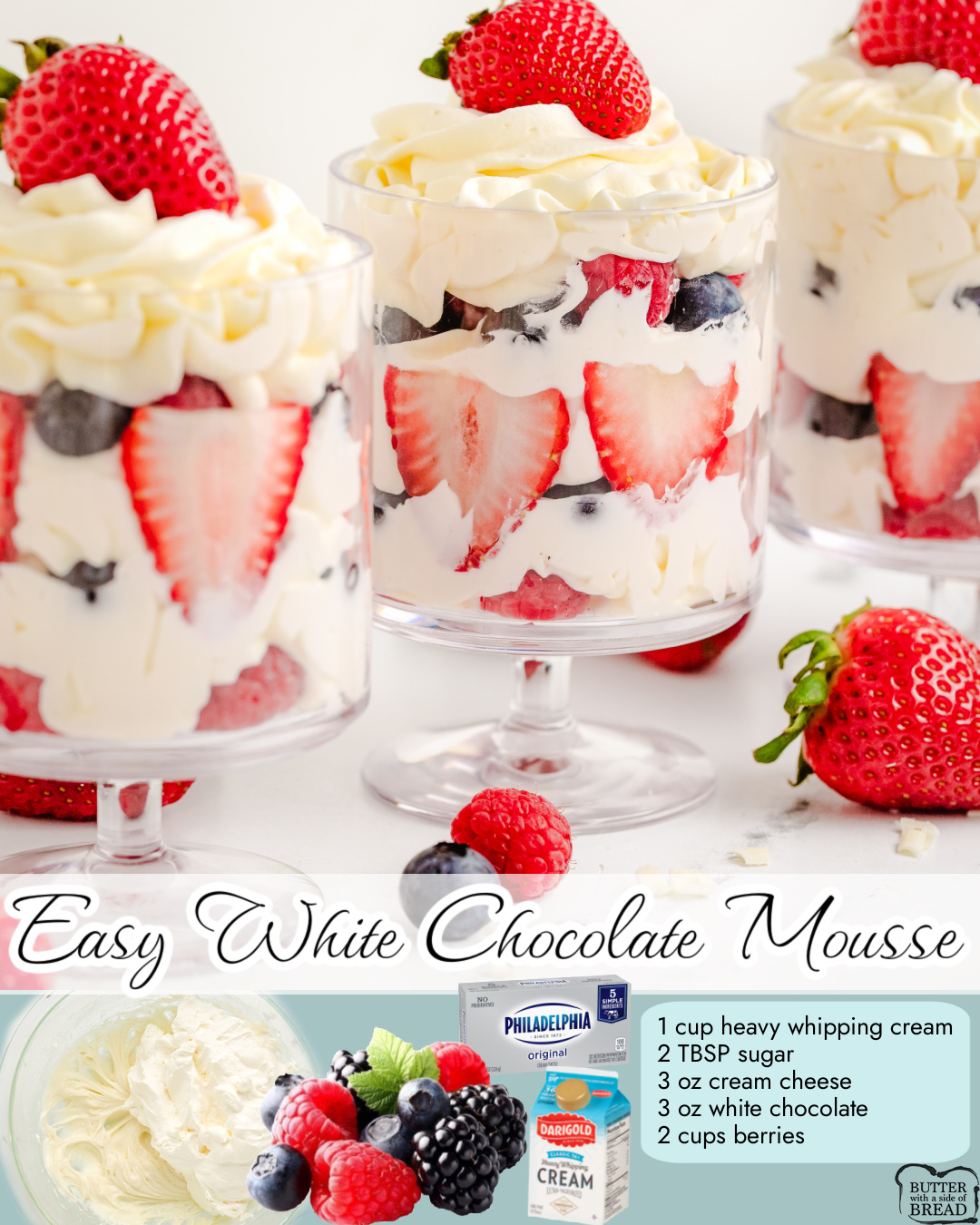 White Chocolate Mousse made with just 5 ingredients: heavy cream, sugar, cream cheese, white chocolate and berries. Perfect light dessert with fantastic fresh berry flavors!