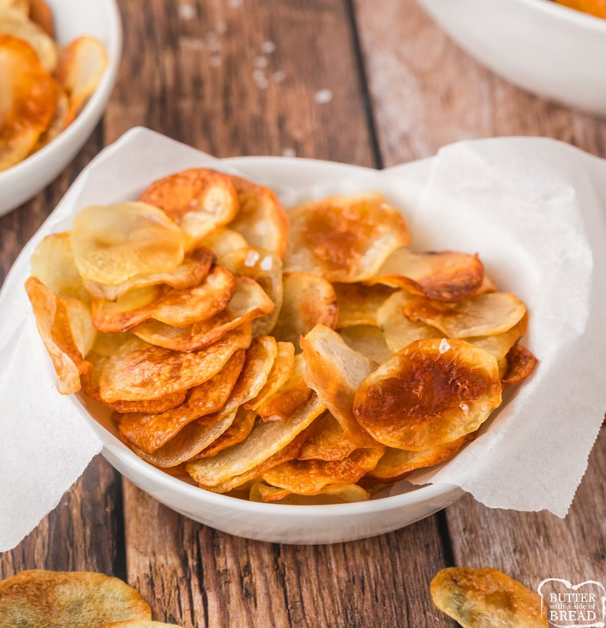 Homemade Potato Chips made with just 3 ingredients! These crispy, salty, oven-baked chips are easy, addictive, and so satisfying.
