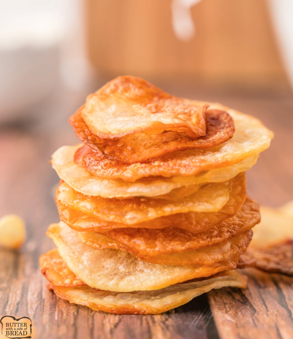 Stack of homemade potato chips.