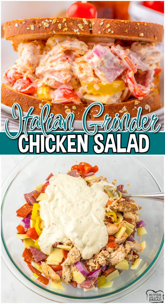 Italian Grinder Chicken Salad is loaded with flavor from salami, pepperoni, chicken, provolone cheese, tomatoes, banana peppers & red onion, all drizzled with a tangy dressing!