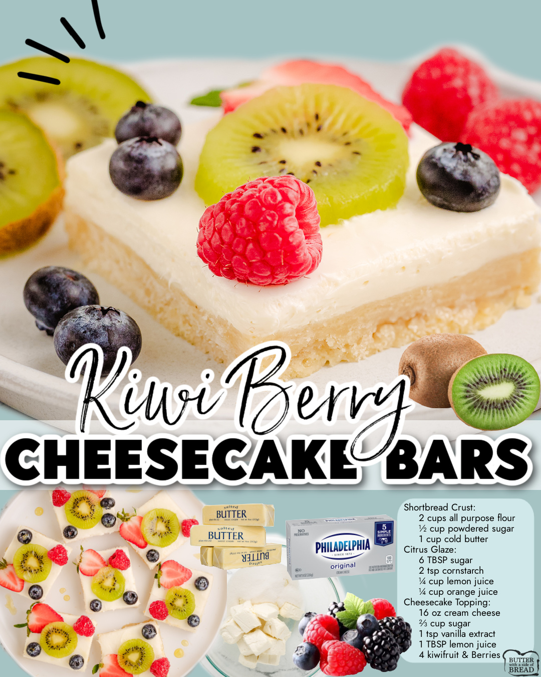 Delightful Kiwi Berry Cheesecake Bars made with a simple shortbread crust topped with creamy cheesecake, fresh berries and kiwi fruit!
