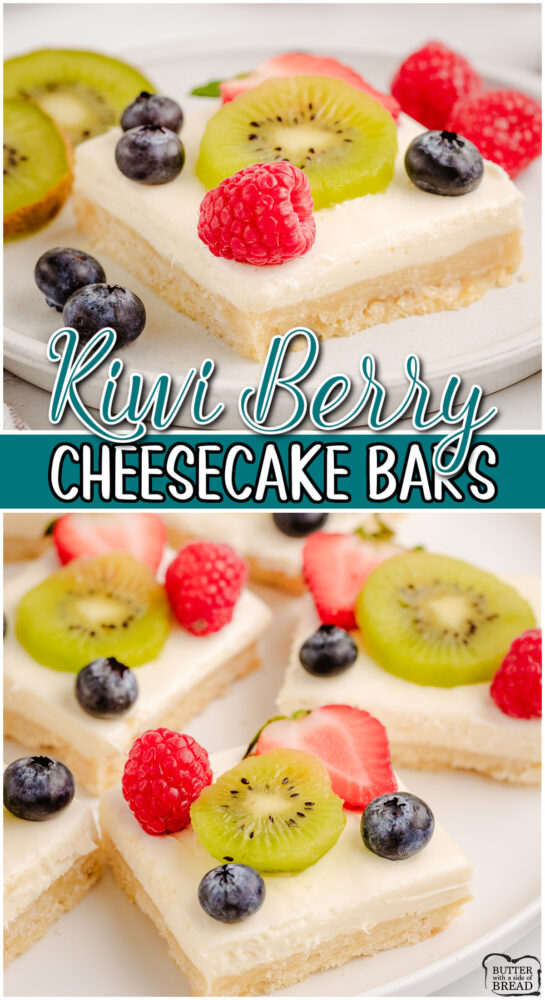 Delightful Kiwi Berry Cheesecake Bars made with a simple shortbread crust topped with creamy cheesecake, fresh berries and kiwi fruit!