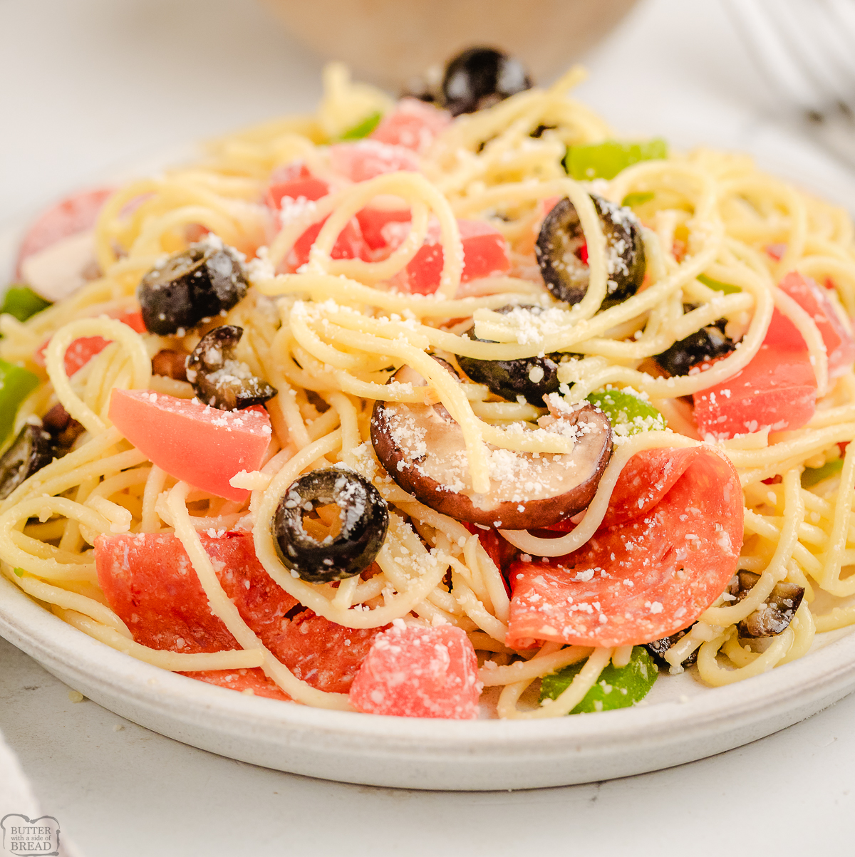 plateful of pepperoni pizza pasta