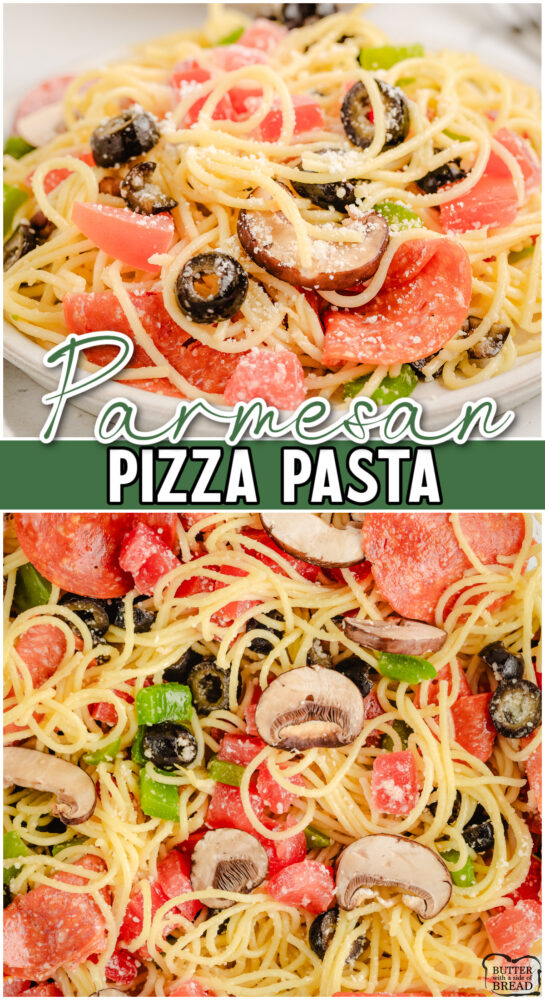 Parmesan Pizza Pasta made with angel hair pasta, pepperoni, olives, green pepper & Parmesan cheese! Flavorful pasta dinner that's light, comes together fast & is perfect for pizza lovers!