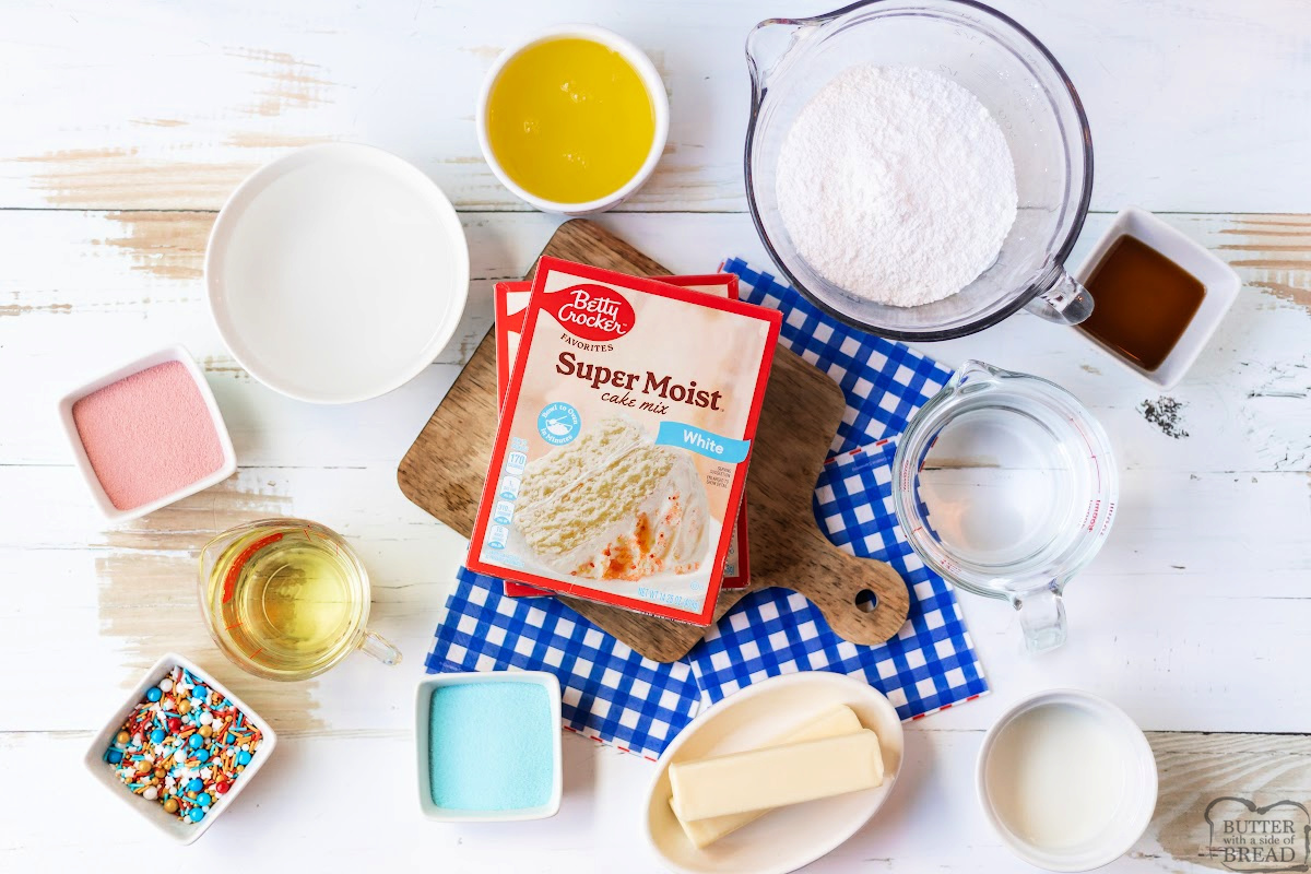 Ingredients in Patriotic Poke Cake recipe.