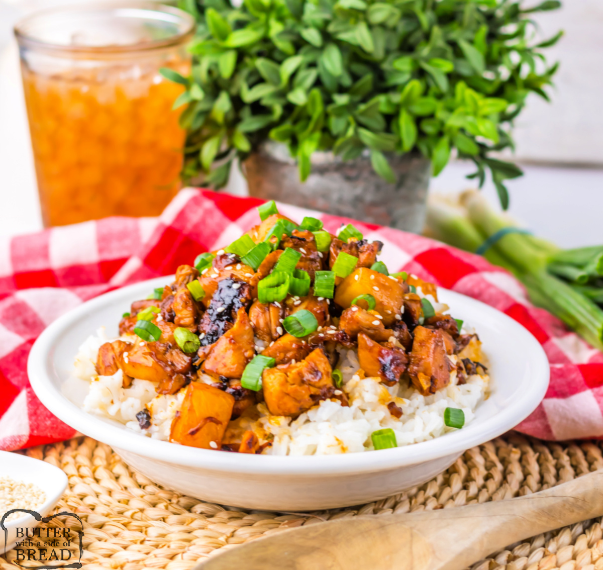 Spicy Pineapple Brown Sugar Chicken is a bold, sweet and spicy 20-minute dinner with juicy chicken, pineapple chunks, and a sticky glaze.