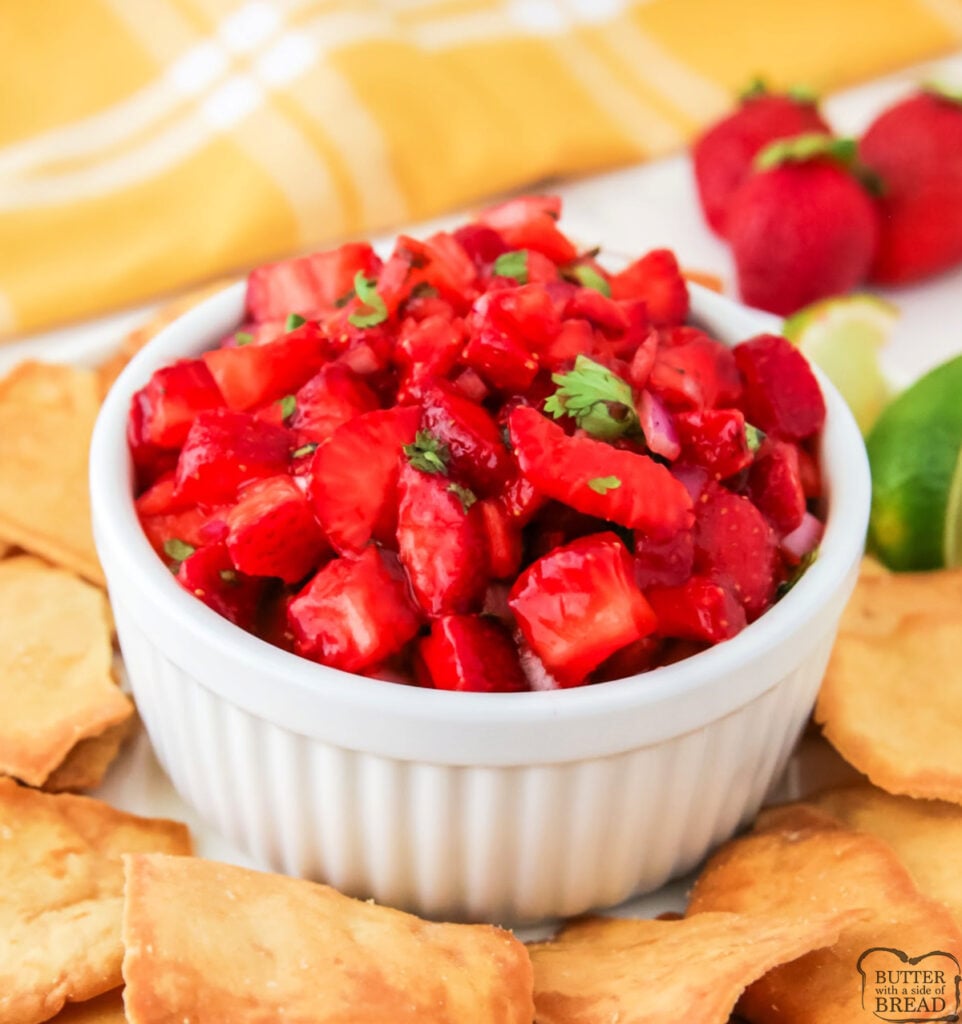 Strawberry Salsa is a sweet and zesty mix of strawberries, red onion, lime, and honey—perfect for chips, tacos, or grilled meats.