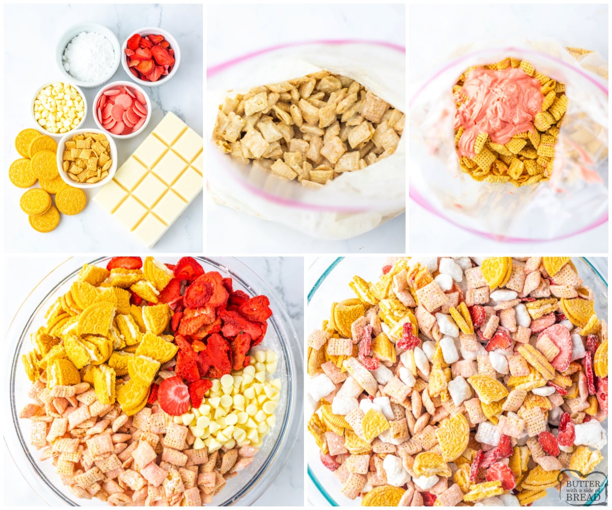 Step by step instructions on how to make Strawberry Shortcake Muddy Buddies.