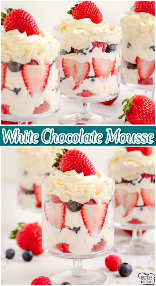 White Chocolate Mousse made with just 5 ingredients: heavy cream, sugar, cream cheese, white chocolate and berries. Perfect light dessert with fantastic fresh berry flavors!
