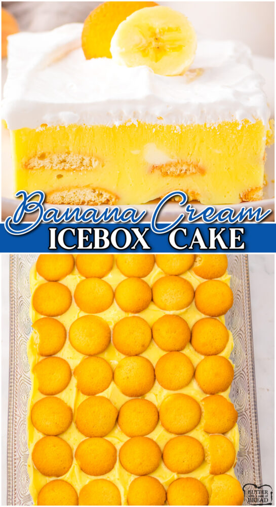 Banana Cream Icebox Cake is made with layers of banana pudding cream cheese, vanilla wafers & whipped topping! Lovely chilled banana dessert perfect for summer!