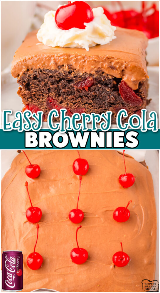 Cherry Cola Brownies start with a brownie mix and add flavor with Cherry Cola & maraschino cherries! A decadent dessert topped with creamy cherry cola chocolate frosting.